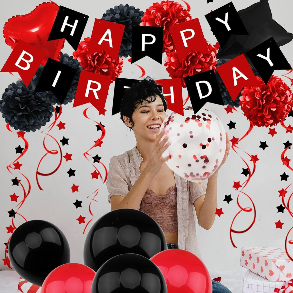 Geburtstagsdeko Schwarz Rot Happy Birthday Papier Pompons Folienballon
