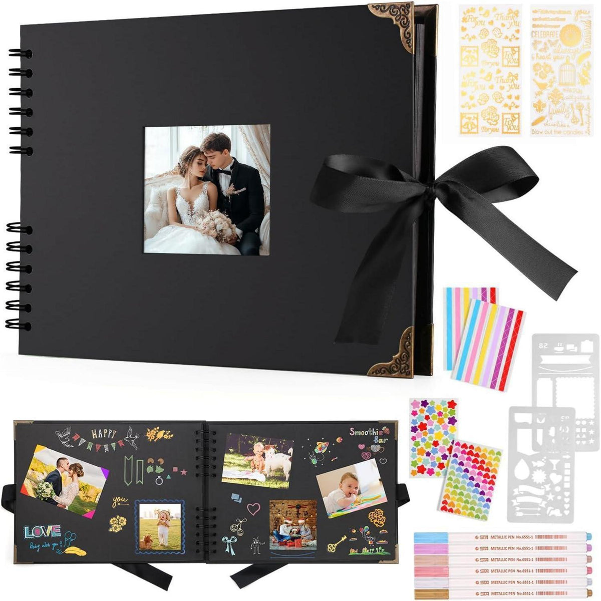 Schwarz Fotoalbum 29,5x21cm zum Selbstgestalten mit 6 Metallic-Stiften
