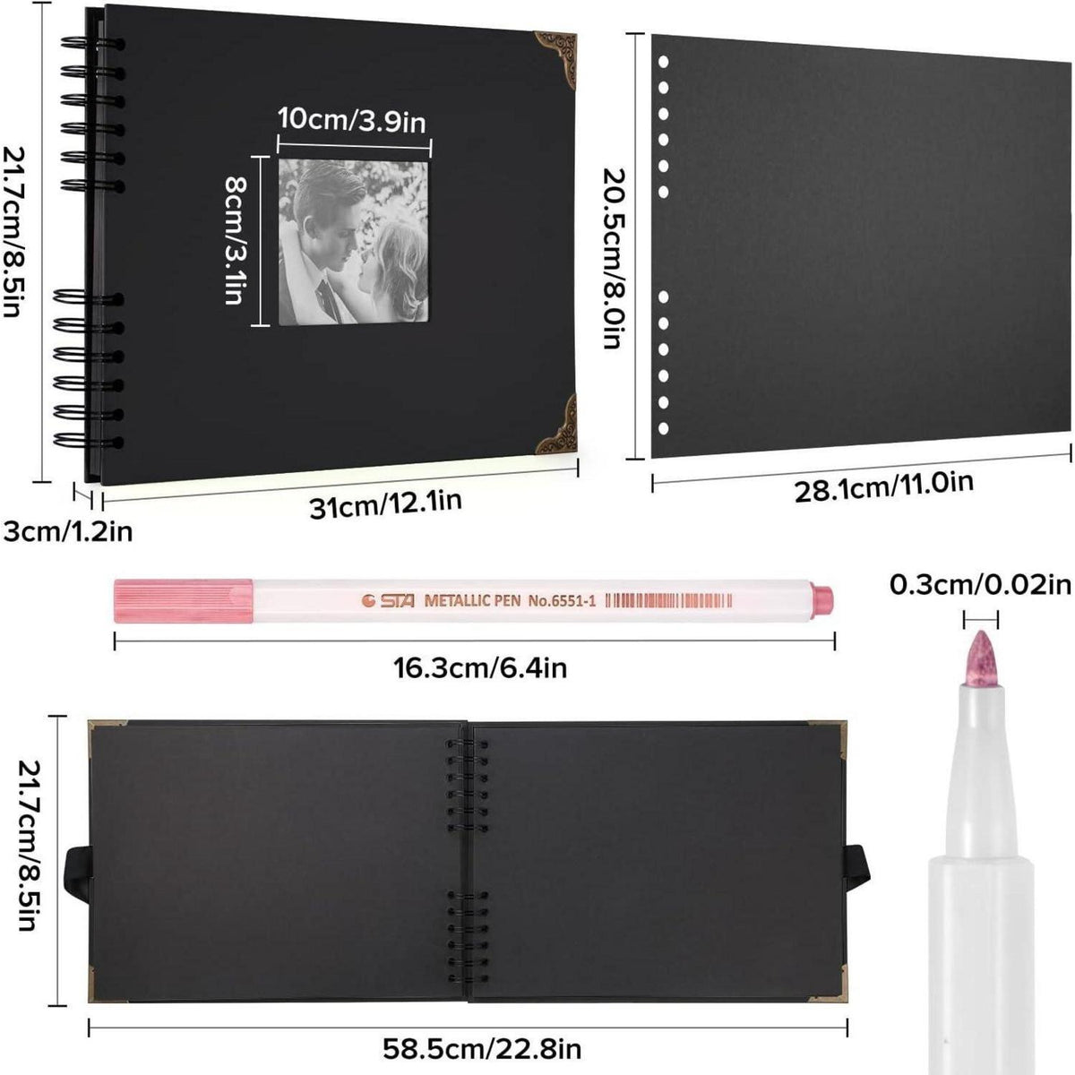 Schwarz Fotoalbum 29,5x21cm zum Selbstgestalten mit 6 Metallic-Stiften