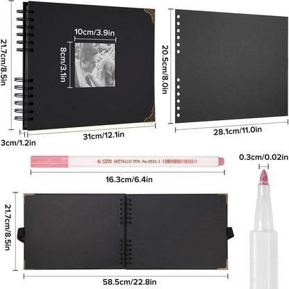 Schwarz Fotoalbum 29,5x21cm zum Selbstgestalten mit 6 Metallic-Stiften