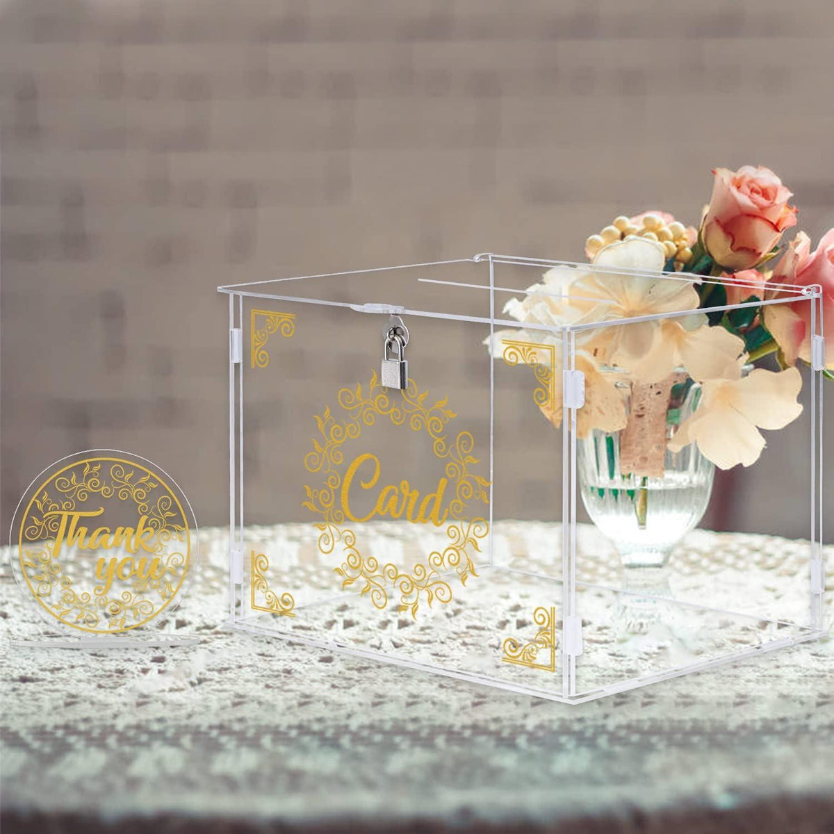Benjia Hochzeit Kartenbox aus Acryl Transparent Gold 28x22x23cm