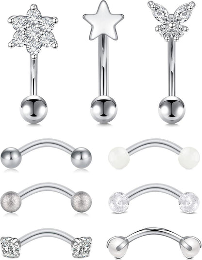 9-10 Stück Augenbrauenpiercing Set 16G Chirurgenstahl Diamant Perle