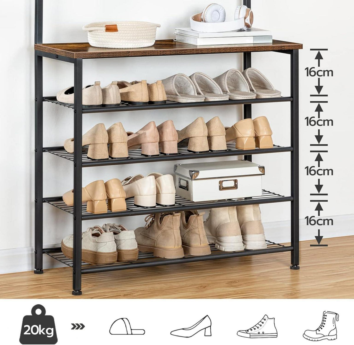 Garderobenständer Schuhregal 5 Ebenen Industrie Design Schwarz Brauneiche