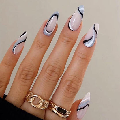 Abstrakt Blaue Press On Nails Set – Mandelform & Geleekleber