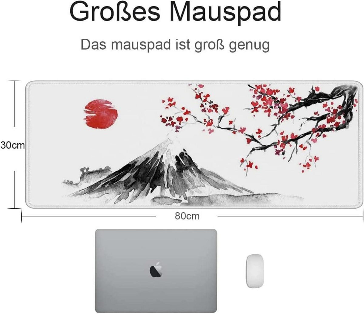 Weißes Gaming Mauspad XXL 800x300mm Japan Sakura Berg Fuji Anti-Rutsch