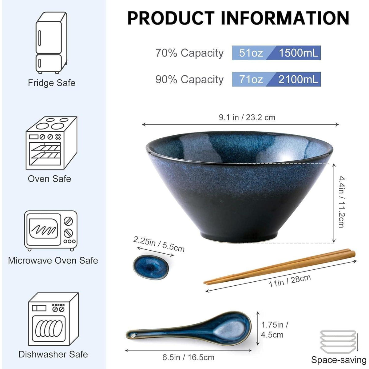 Japanische Ramen Schüssel Set Keramik 2L mit Essstäbchen & Löffel Blau