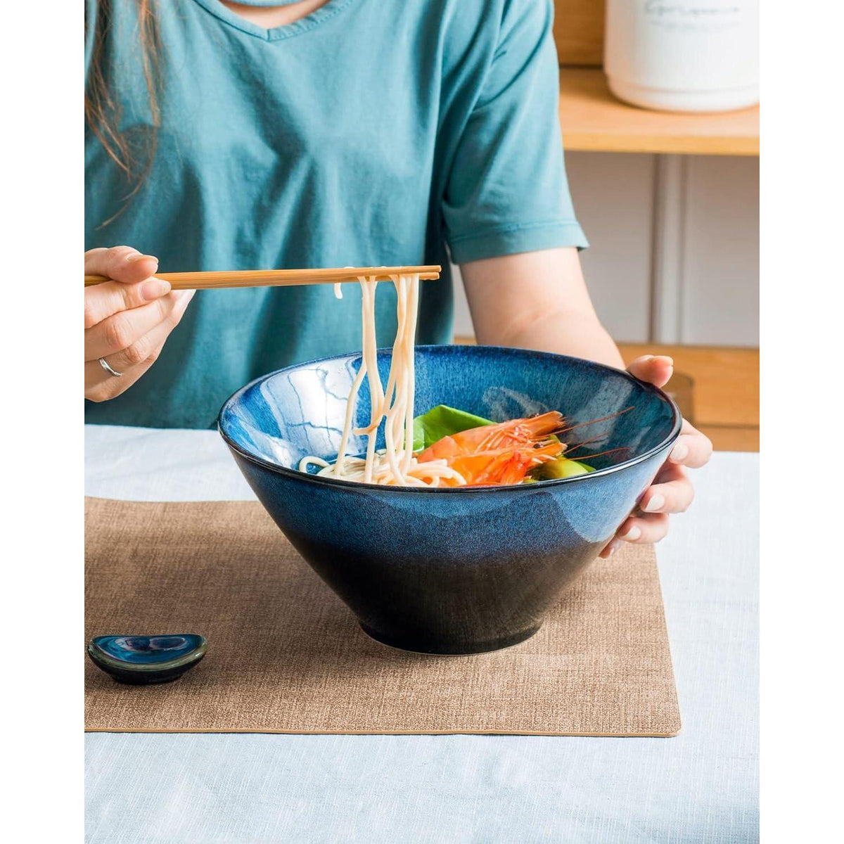 Japanische Ramen Schüssel Set Keramik 2L mit Essstäbchen & Löffel Blau