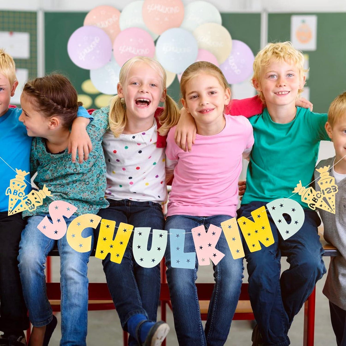 Einschulung Deko Mädchen Girlande Banner 12 Luftballons Filz Pastell