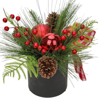 Kunstpflanze Weihnachtsarrangement im Keramiktopf mit Tannenzweig & Kugeln Rot