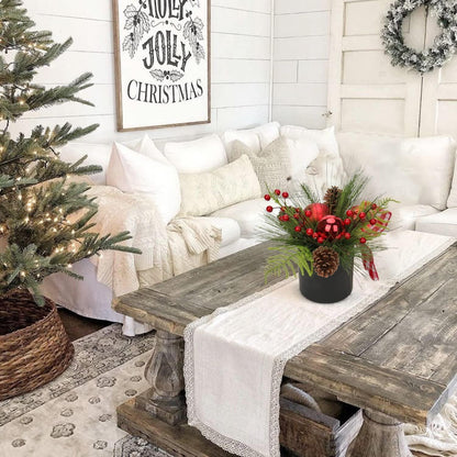 Kunstpflanze Weihnachtsarrangement im Keramiktopf mit Tannenzweig & Kugeln Rot