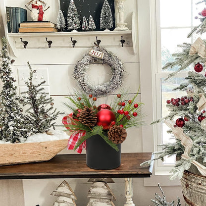 Kunstpflanze Weihnachtsarrangement im Keramiktopf mit Tannenzweig & Kugeln Rot