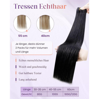 Echthaar Tressen Schwarz #1 – Remy Haare 60cm, 120g