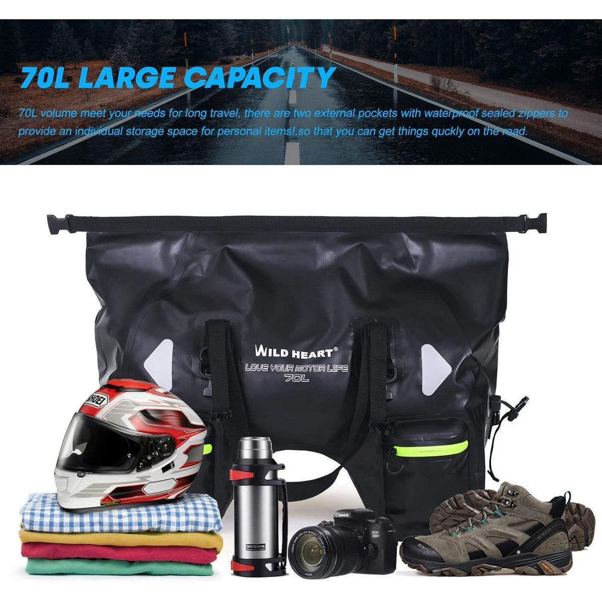 Wasserdichte Motorrad-Hecktasche 70L mit Seilriemen