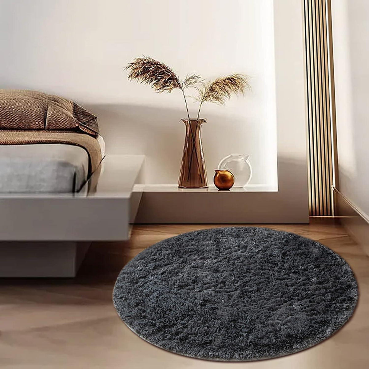 Runder Teppich Grau 120cm - Hochflor Shaggy Wohnzimmer Teppich