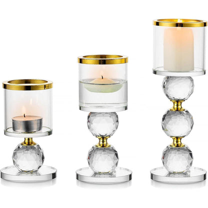 Kristall Kerzenständer Set 3 Stück Gold für Stumpenkerzen & Teelichter