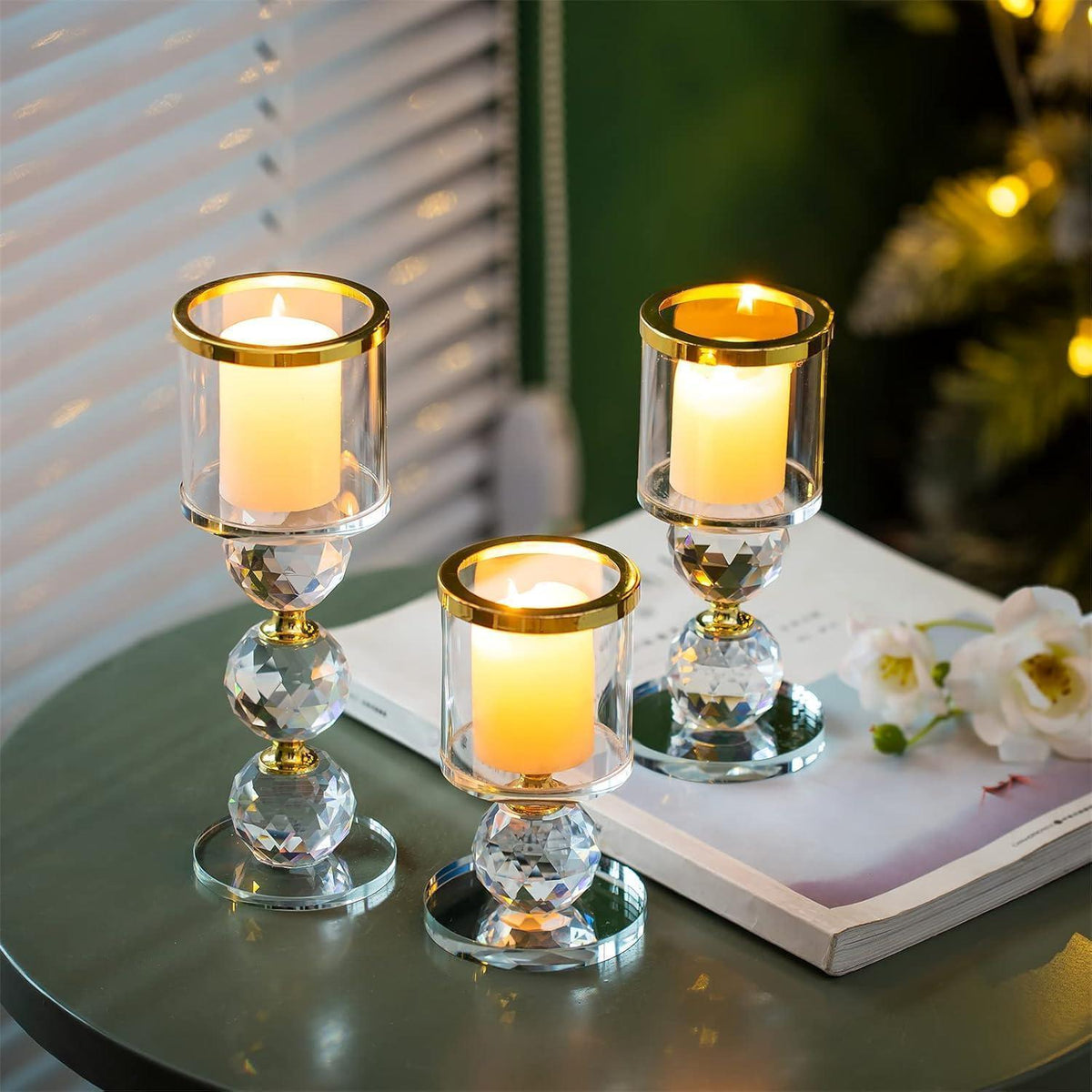 Kristall Kerzenständer Set 3 Stück Gold für Stumpenkerzen & Teelichter