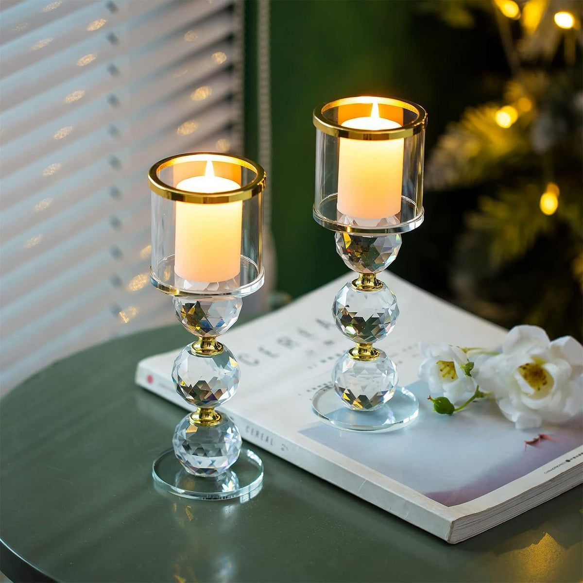 Kristall Kerzenständer Set Gold, 2 Stück Glas Kerzenhalter für Stumpenkerzen