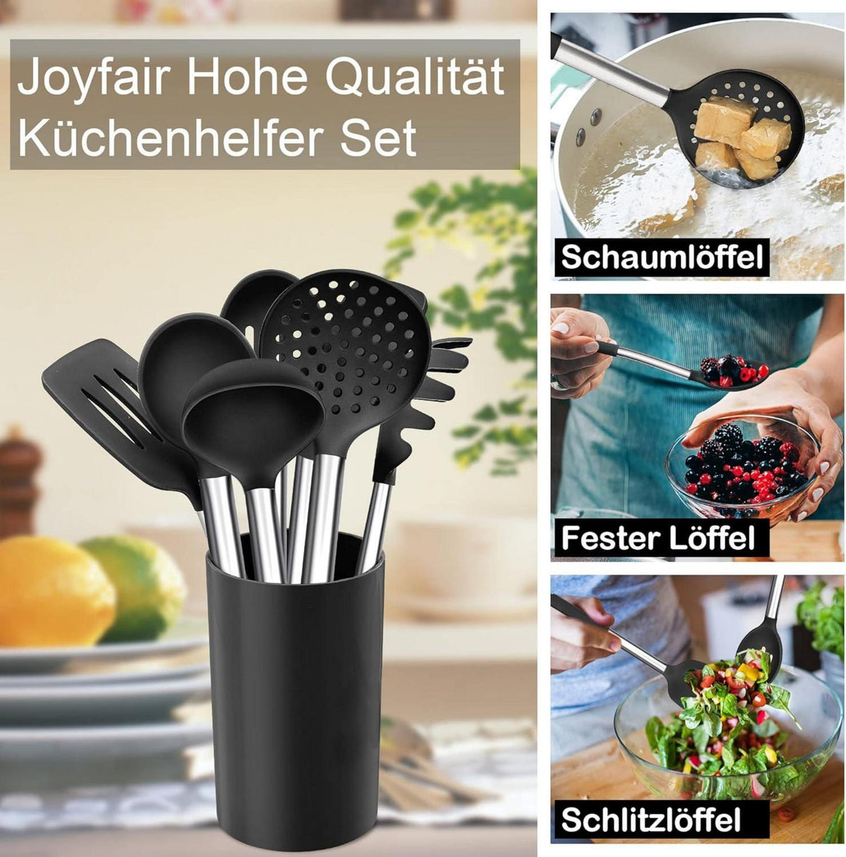 Küchenhelfer Set 8-teilig Silikon Edelstahl Griff Schwarz Hitzebeständig