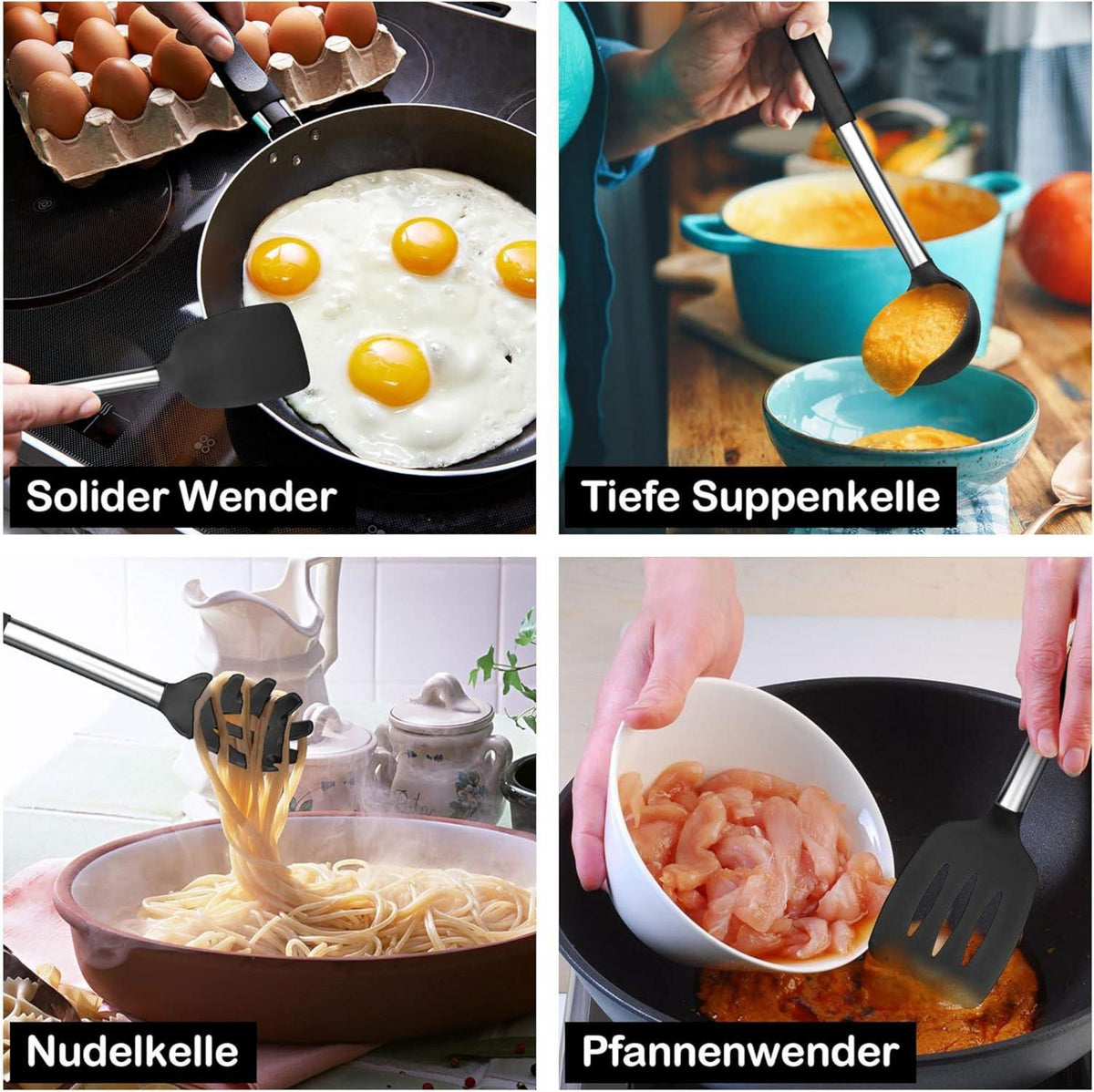 Küchenhelfer Set 8-teilig Silikon Utensilien Edelstahlgriff Antihaft