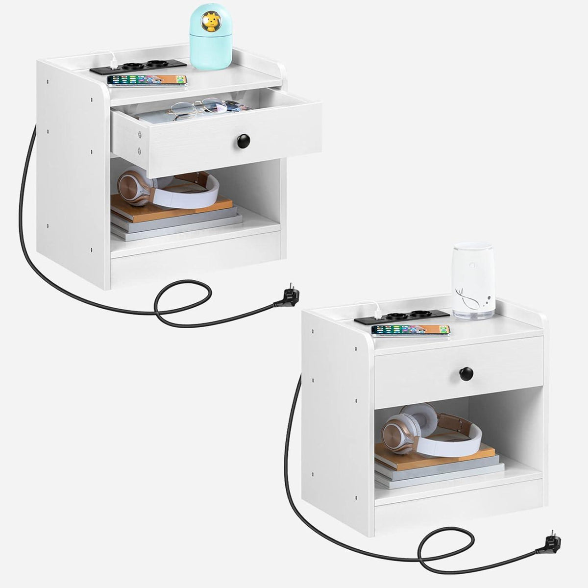 Nachttisch mit Ladestation und Schublade, USB-Anschlüssen, Beistelltisch