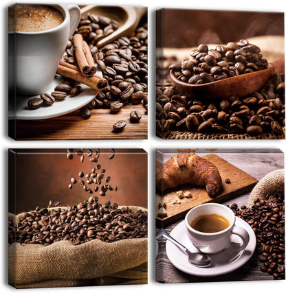 Moderne 4-Teilig Leinwandbilder Kaffeebohnen Kaffee Motiv 30x30cm