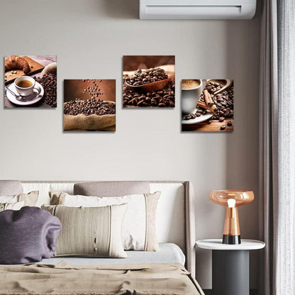 4er Set Leinwandbilder Kaffeebohnen & Kaffee Motiv 30x30 cm Wandbild