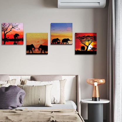 4-teilig Leinwandbilder Sonnenuntergang Afrikanische Elefanten 30x30cm