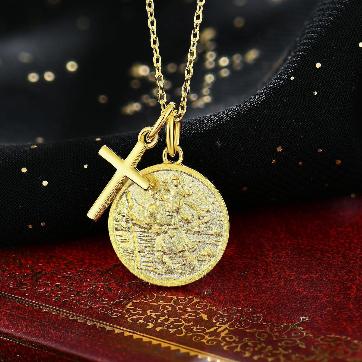 Heiliger Christophorus Kette 925 Sterling Silber Gold Medaille Kreuz