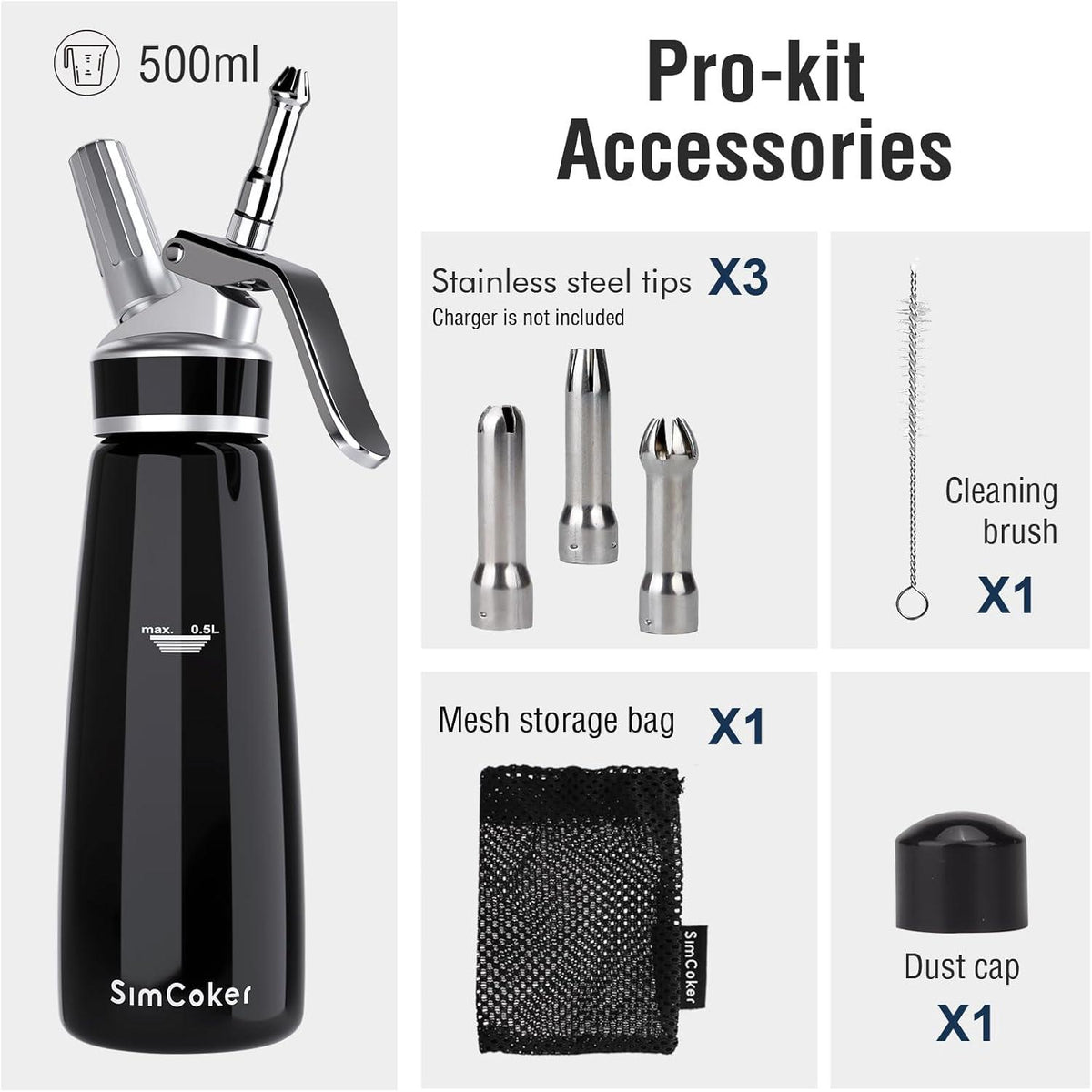 Sahnespender Aluminium 500ml - Zubehör Edelstahldüsen