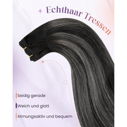 Echthaar Tressen Balayage Schwarz Silber 55cm - 100g