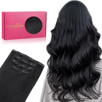 Clip in Echthaar Extensions Schwarz 55cm - 85g
