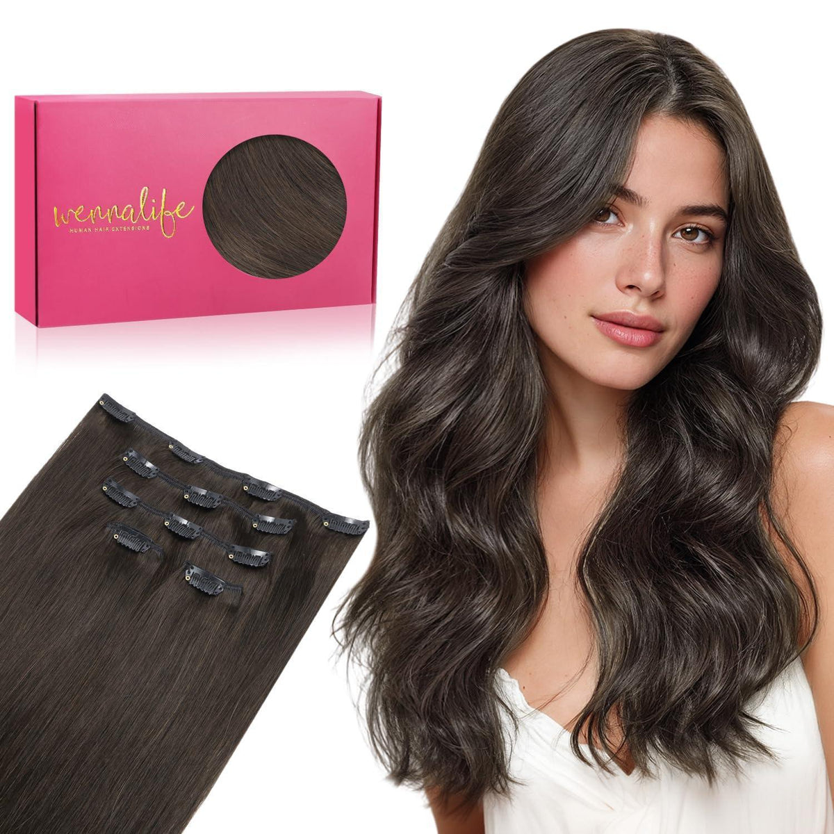 Echthaar Clip-in Extensions Dunkelbraun 55cm - 85g
