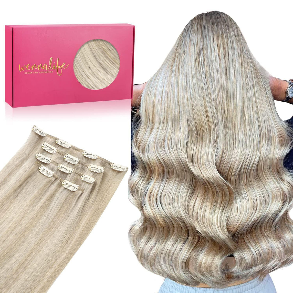Echthaar Clip-in Extensions Aschblond Highlights Platinblond 45cm