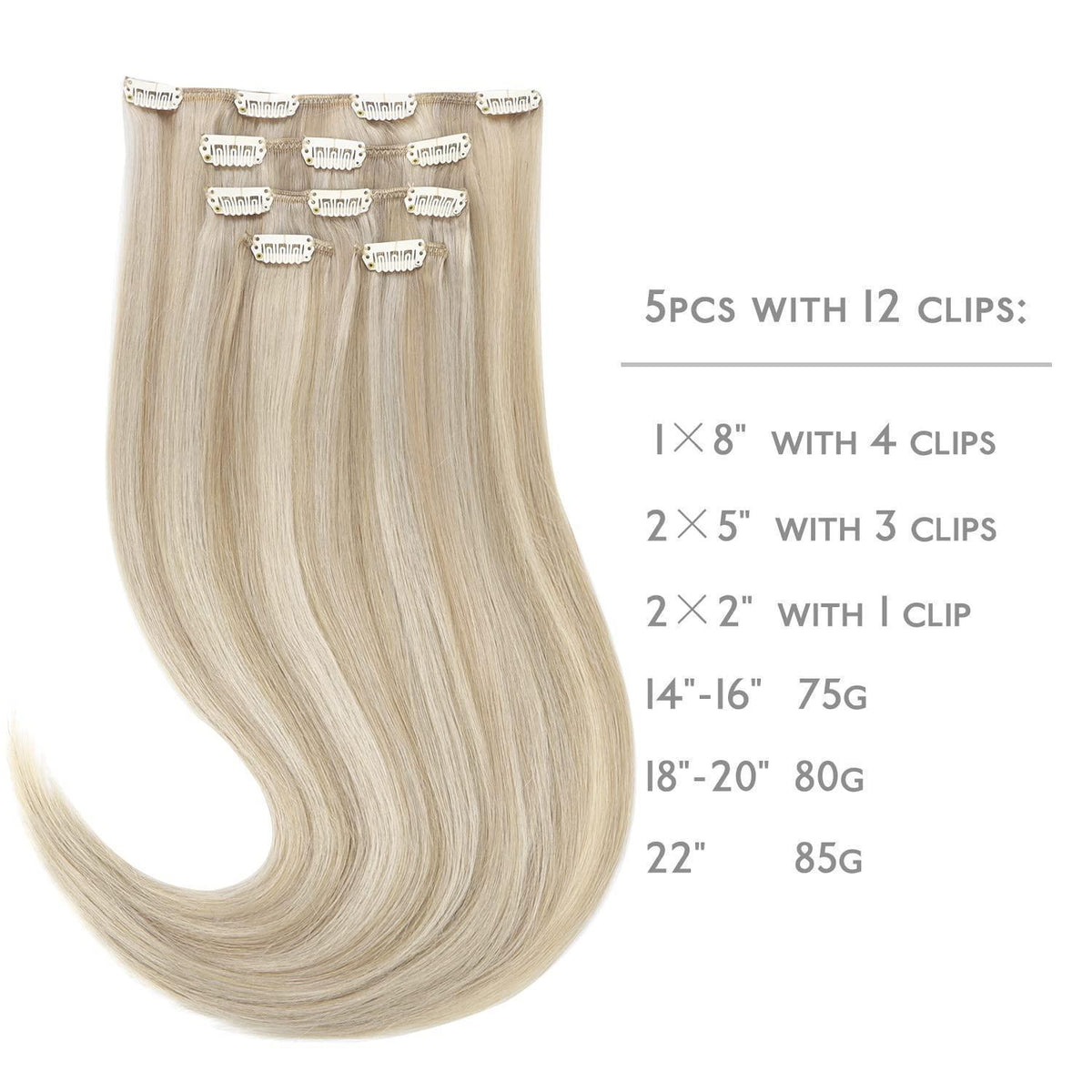 Echthaar Clip-in Extensions Aschblond Highlights Platinblond 45cm
