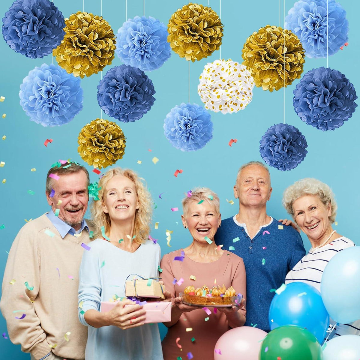 13 Stück Deko Pompons Lampions Hochzeit Einschulung Gold Blau