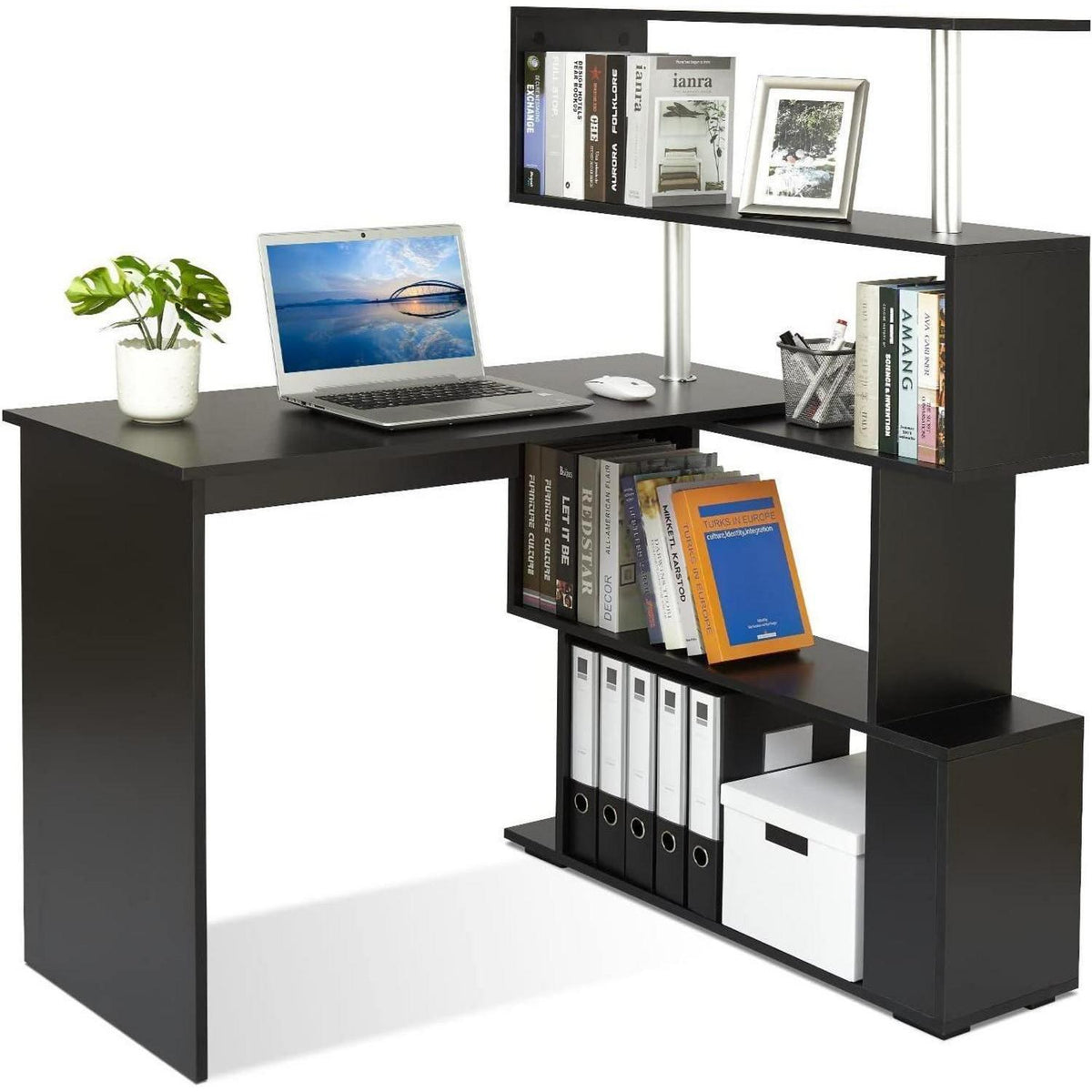 L-förmiger Computertisch mit drehbarem Bücherregal, Schwarz