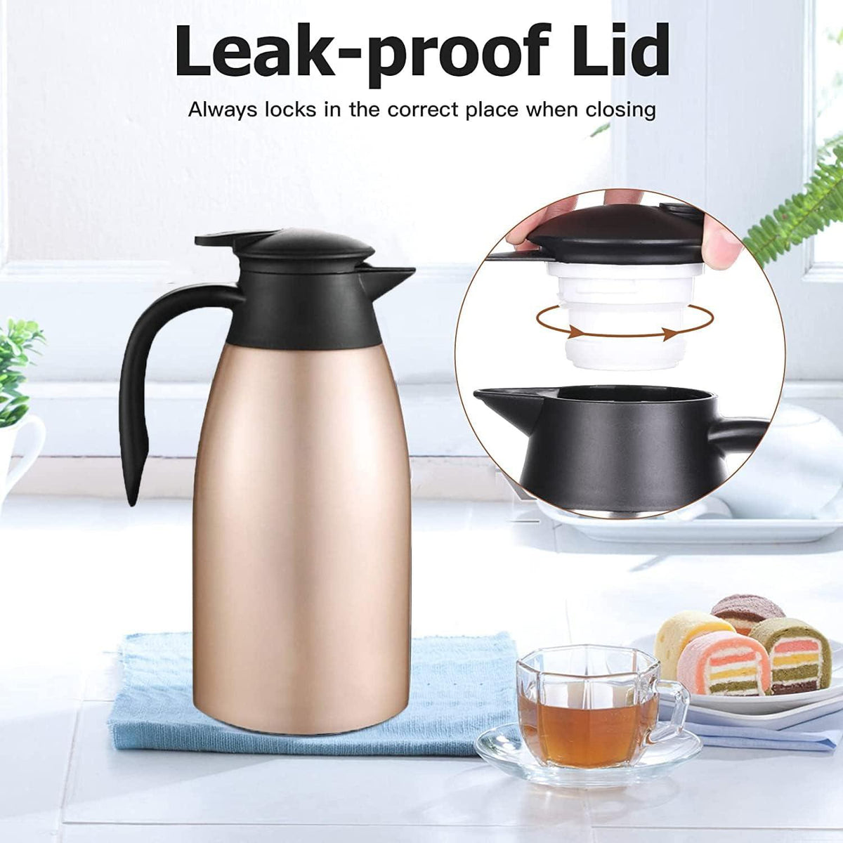 Thermoskanne 2L Edelstahl Isolierkanne Quick Tip Kaffeekanne Gold