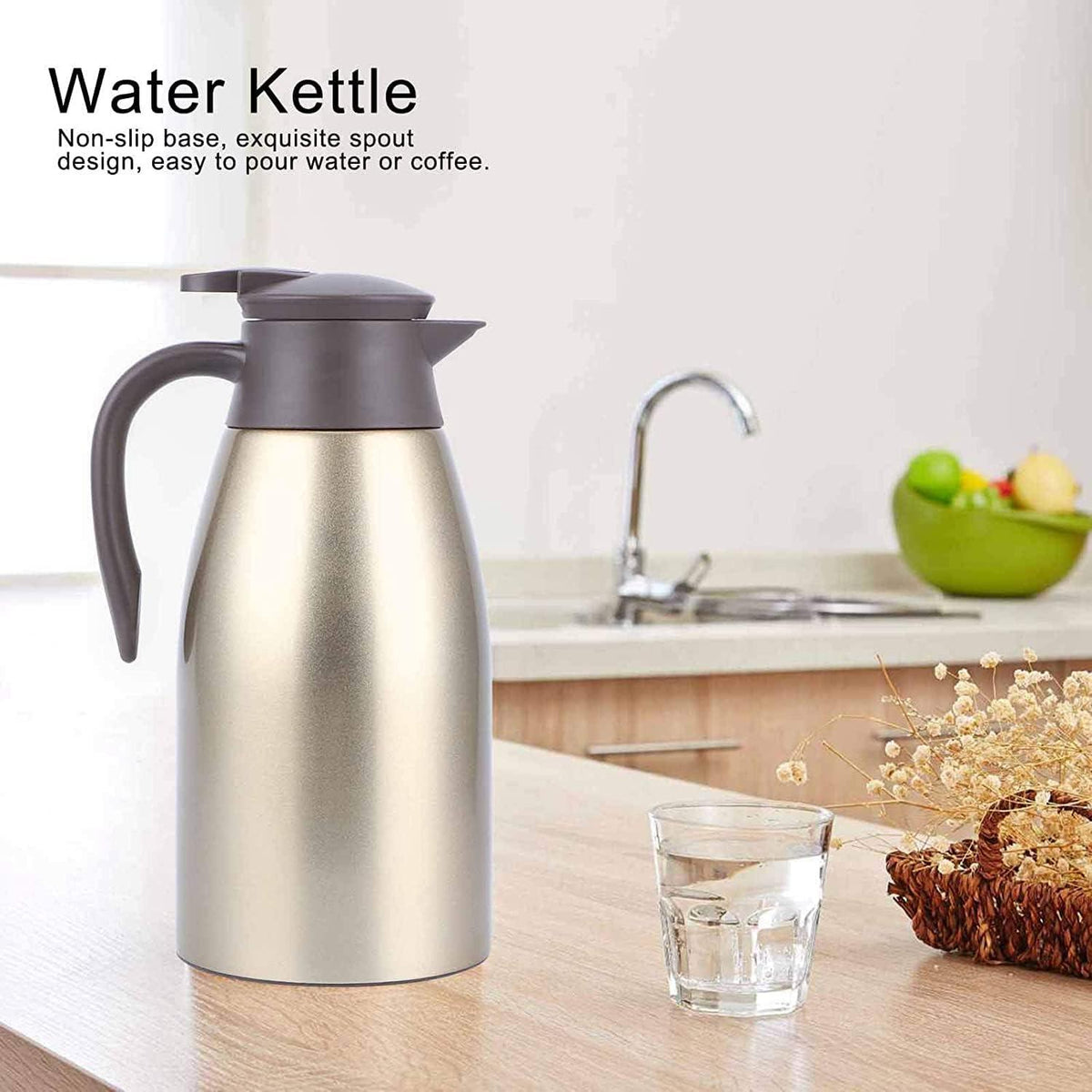 Thermoskanne 2L Edelstahl Isolierkanne Quick Tip Kaffeekanne Gold