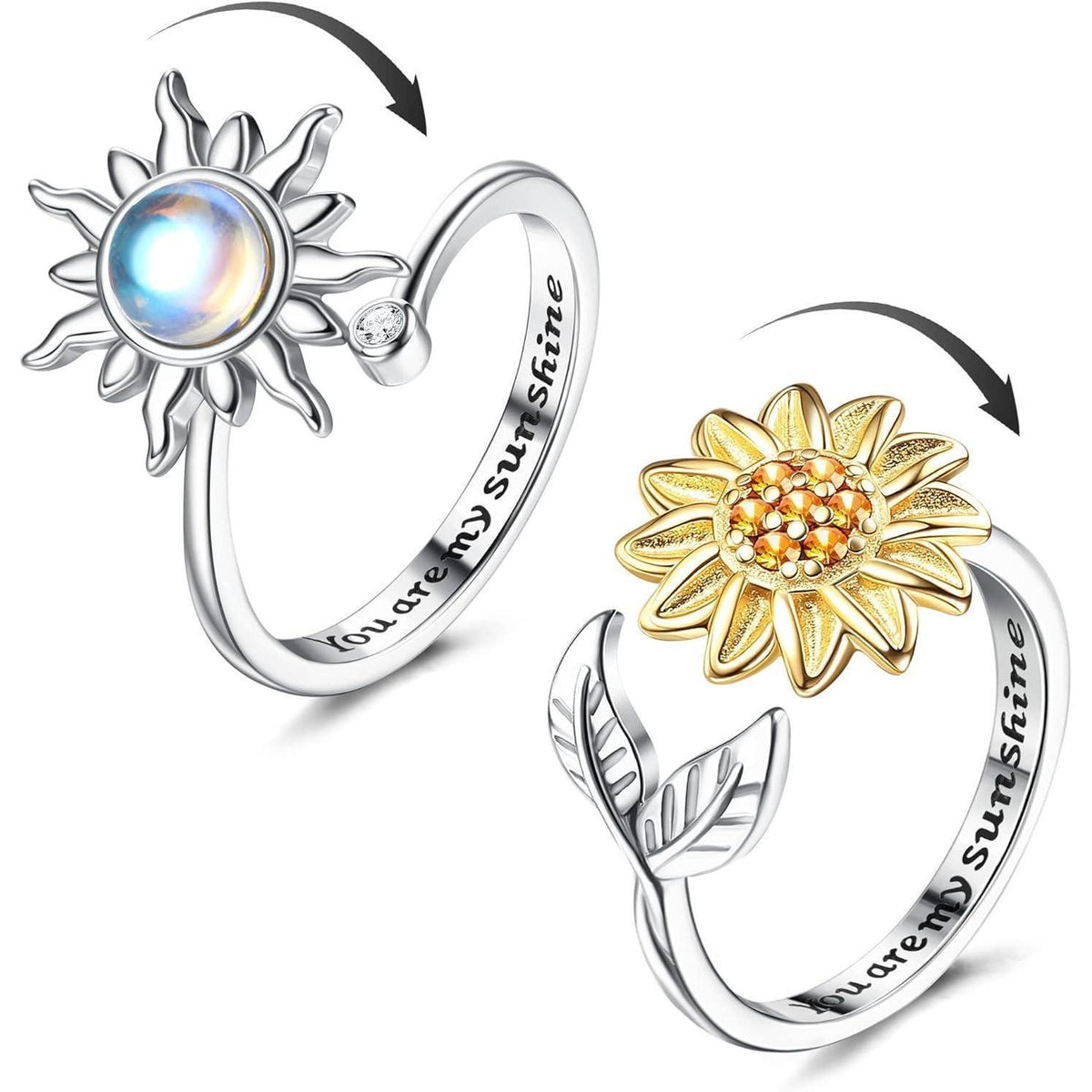 2er Set Silber Sonnenblume Fidget Ringe Damen mit Mondstein, verstellbar