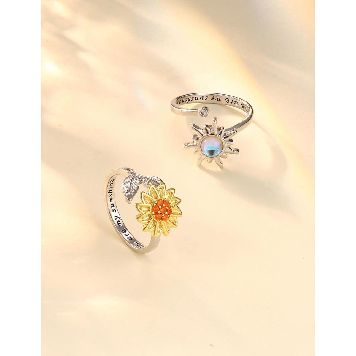 2er Set Silber Sonnenblume Fidget Ringe Damen mit Mondstein, verstellbar