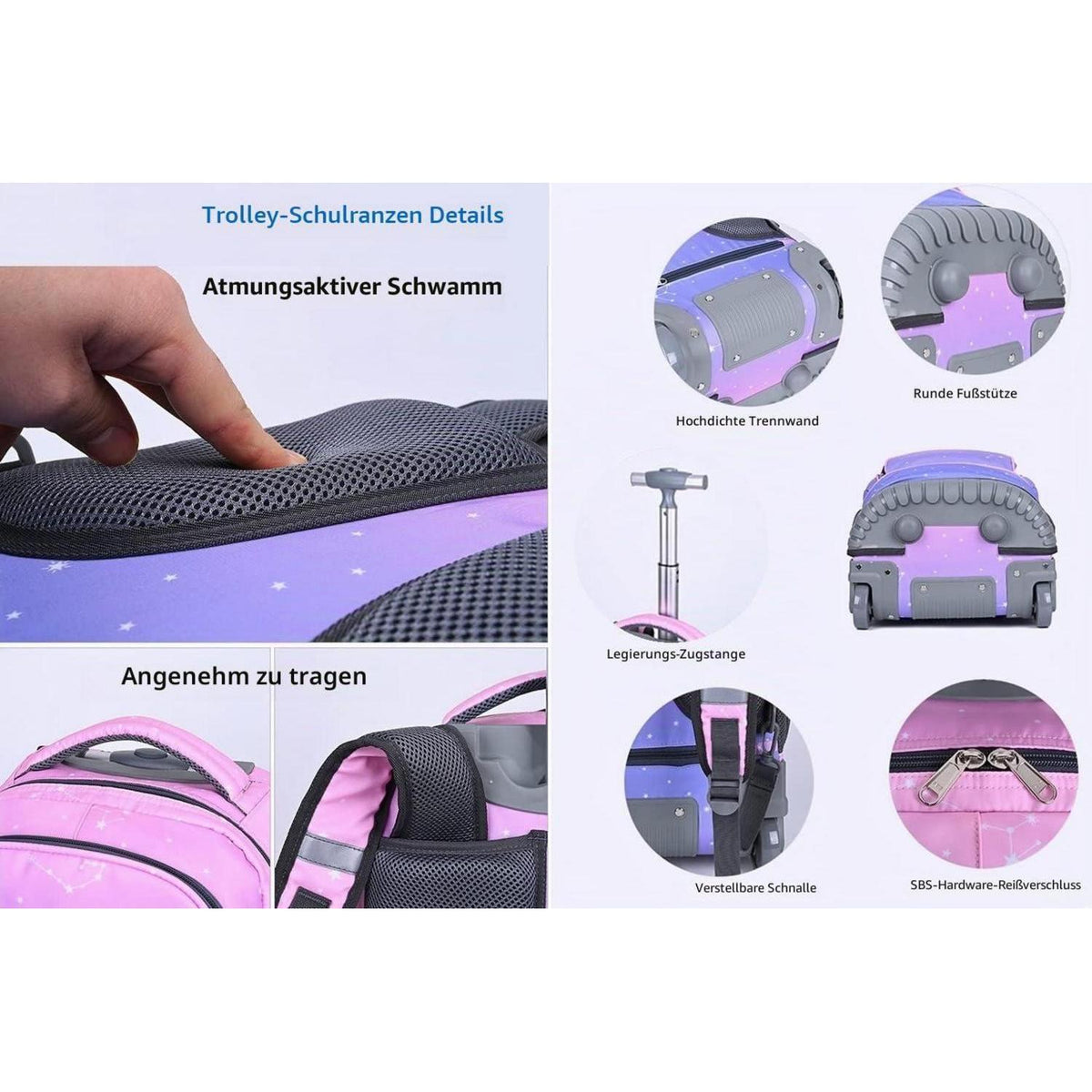 Trolley Rucksack mit Rollen – Wasserdichter Kinder Schulranzen Pink Lila