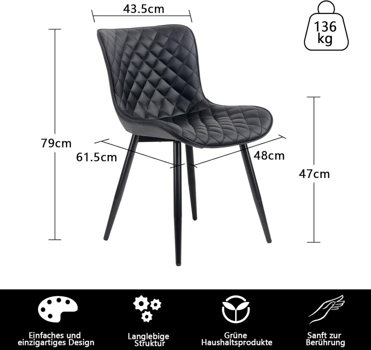 Esszimmerstühle 2er Set Kunstleder Metallbein Schwarz