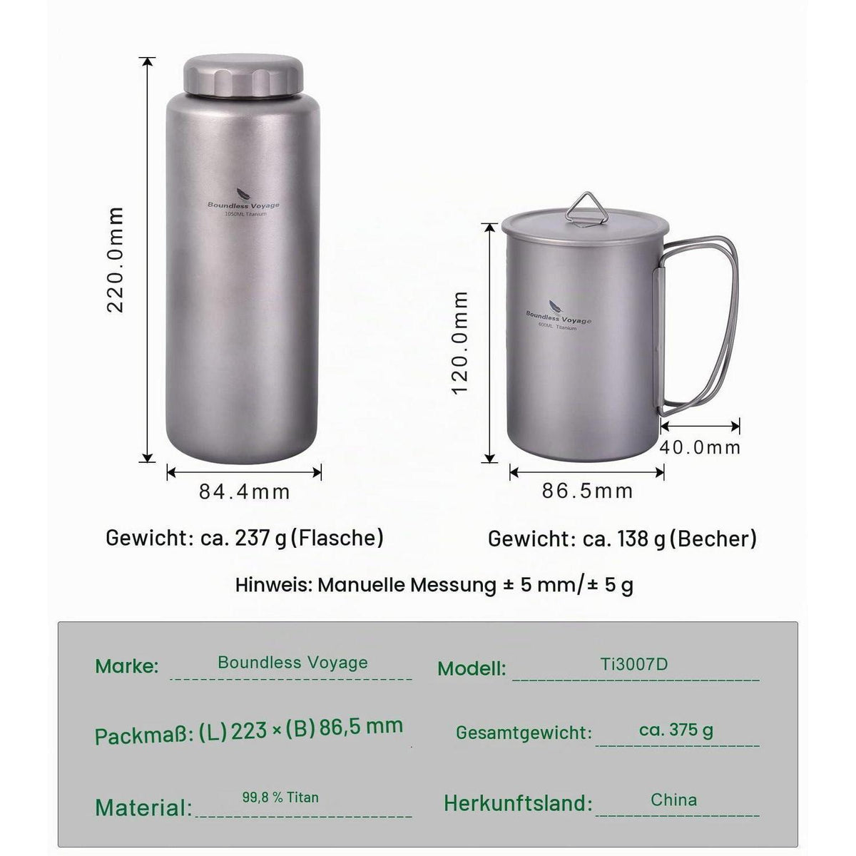 Titan Becher & Flasche Set 600ml + 1050ml Outdoor Camping