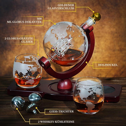 Globus Whiskey Dekanter Set mit Gläsern & Kugelsteinen