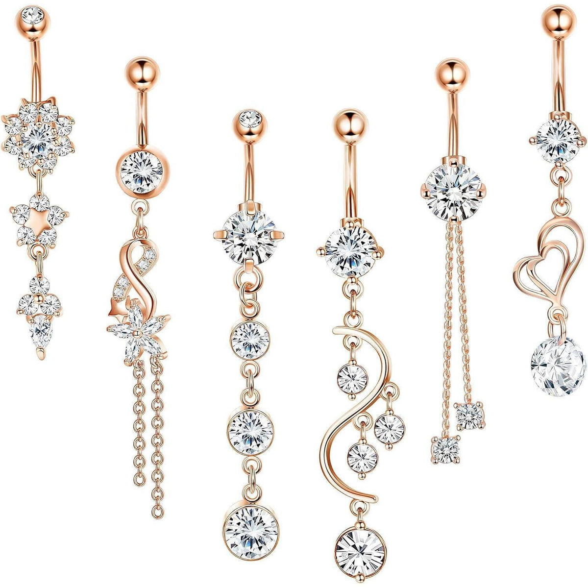 Bauchnabelpiercing Set 6 Stück 14G Chirurgenstahl Roségold Zirkonia Dangle