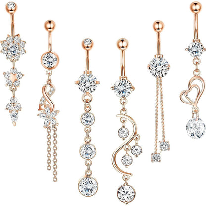 Bauchnabelpiercing Set 6 Stück 14G Chirurgenstahl Roségold Zirkonia Dangle