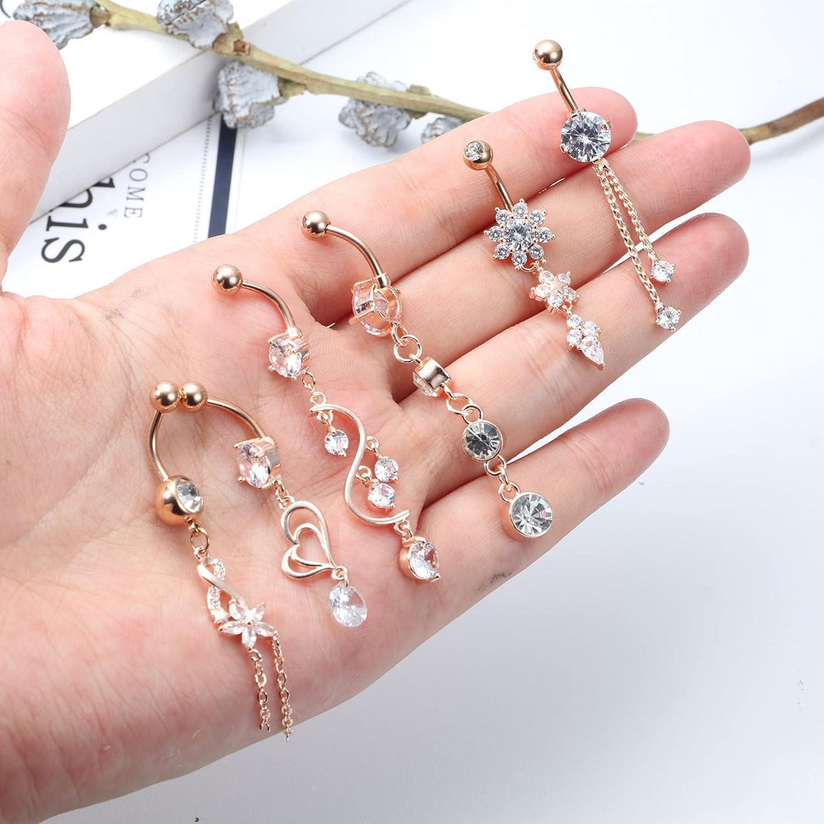Bauchnabelpiercing Set 6 Stück 14G Chirurgenstahl Roségold Zirkonia Dangle