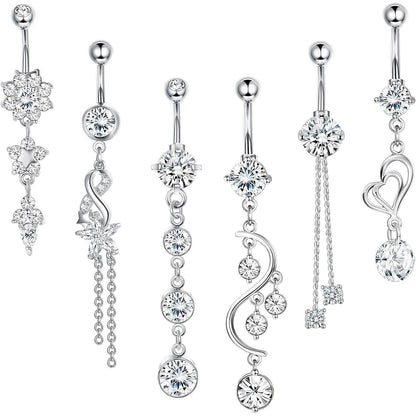 Bauchnabelpiercing Set 6 Stück 14G Chirurgenstahl mit Zirkonia Dangle Silber