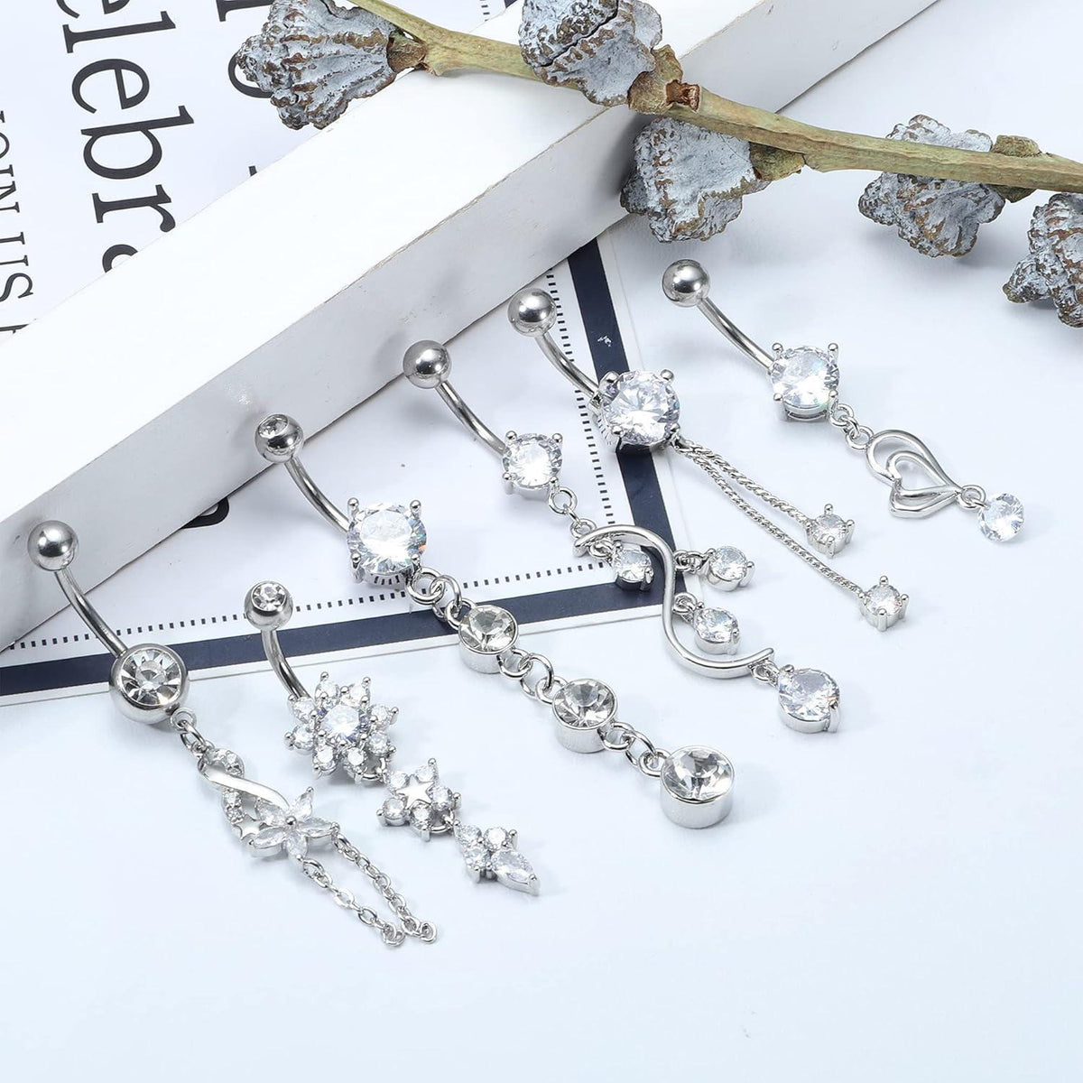 Bauchnabelpiercing Set 6 Stück 14G Chirurgenstahl mit Zirkonia Dangle Silber