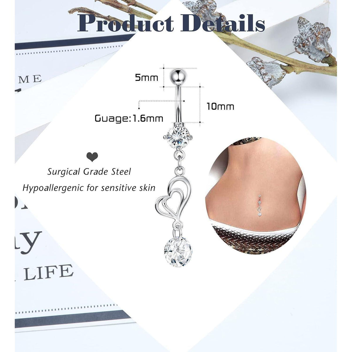 Bauchnabelpiercing Set 6 Stück 14G Chirurgenstahl mit Zirkonia Dangle Silber
